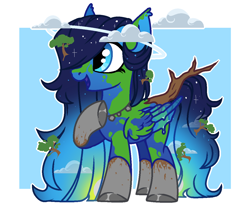 Size: 1204x1013 | Tagged: safe, artist:beautifulspaceshow, oc, oc only, oc:terra natura, pegasus, pony, cloud, coat markings, dirt, ear fluff, earth, ethereal mane, female, hair over one eye, halo, jewelry, mare, multicolored hair, necklace, open mouth, planet, raised hoof, rock, solo, starry mane, stick, tree