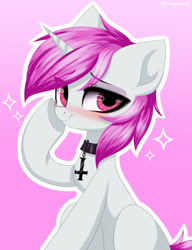Size: 1000x1300 | Tagged: safe, artist:hydrargyrum, oc, oc only, pony, unicorn, blushing, collar, cross, inverted cross, lidded eyes, looking at you, smiling, solo, sparkles