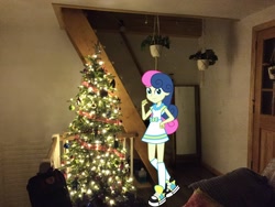 Size: 2048x1536 | Tagged: safe, artist:razethebeast, artist:topsangtheman, bon bon, sweetie drops, pony, equestria girls, christmas, christmas lights, christmas tree, holiday, irl, looking at you, photo, plant, ponies in real life, solo, tree