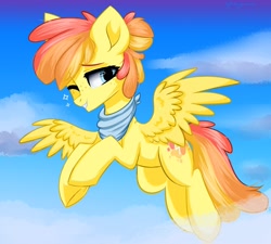 Size: 1500x1350 | Tagged: safe, artist:hydrargyrum, oc, oc only, pegasus, pony, ascot, cloud, flying, one eye closed, solo, sparkles, spread wings, wings, wink