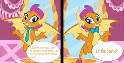 Size: 1280x658 | Tagged: safe, artist:dashiesparkle edit, artist:disneymarvel96, artist:estories, edit, smolder, dragon, bowtie, carousel boutique, comic, comic sans, cute, decision, dragoness, fashion style, female, necktie, smolderbetes, solo, vector, vector edit