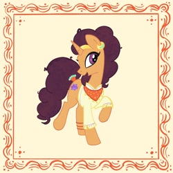 Size: 2048x2048 | Tagged: safe, artist:pfeffaroo, saffron masala, pony, unicorn, spice up your life, clothes, ear piercing, earring, female, frame, head turn, high res, jewelry, looking at you, mare, open mouth, piercing, raised hoof, smiling, solo, standing