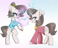 Size: 2048x1692 | Tagged: safe, artist:hydrargyrum, oc, oc only, pony, unicorn, angry, ascot, clothes, duality, glasses, growling, magic, rearing, shirt, tail wrap, underhoof