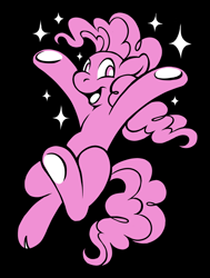 Size: 1064x1404 | Tagged: safe, artist:nelfs, derpibooru import, pinkie pie, earth pony, pony, black background, cloven hooves, female, limited palette, looking at you, mare, simple background, solo, sparkles, underhoof