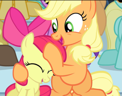 Size: 923x723 | Tagged: safe, derpibooru import, screencap, apple bloom, applejack, earth pony, pony, equestria games (episode), adorabloom, apple sisters, cropped, cute, duo, eyes closed, jackabetes, noogie, open mouth, siblings, sisters, sitting, smiling