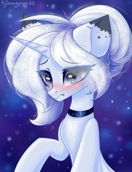 Size: 1300x1700 | Tagged: safe, artist:hydrargyrum, oc, oc only, pony, unicorn, blushing, choker, grimace, solo