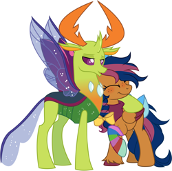 Size: 3494x3473 | Tagged: safe, artist:skairsy, thorax, oc, oc:solar comet, changedling, changeling, pegasus, pony, bandana, bow, clothes, eyes closed, hug, king thorax, simple background, socks, spread wings, striped socks, tail bow, white background, wings