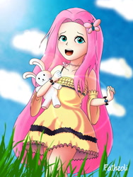 Size: 3000x4000 | Tagged: safe, artist:fathzoli, derpibooru import, fluttershy, human, adorable face, adorkable, bunny doll, cloud, cloudy, cute, digital art, dork, female, grass, grass field, high res, humanized, jewelry, lens flare, lensflare, looking at you, necklace, paint tool sai, photoshop, plushie, redraw, shyabetes, sky, solo, sunshine