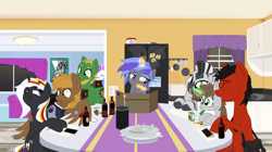 Size: 3260x1820 | Tagged: safe, artist:aaronmk, oc, oc only, oc:applesnack, oc:calamity, oc:homage, oc:littlepip, oc:red eye, oc:velvet remedy, oc:xenith, earth pony, pegasus, pony, unicorn, zebra, fallout equestria, alcohol, alternate universe, beer, blushing, bottle, cookie, dice, dungeons and dragons, eyes closed, fanfic, fanfic art, female, food, glowing horn, hooves, horn, kitchen, levitation, magic, male, mare, night, ogres and oubliettes, open mouth, pen and paper rpg, plates, poster, refridgerator, rpg, scene, sitting, stallion, table, telekinesis, vape, vape pen, vector, window, wings