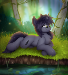 Size: 2000x2200 | Tagged: safe, artist:kianara, oc, oc:kate, beetle, insect, pony, unicorn, cute, female, forest, grass, light, mare, river, scenery, smiling, solo