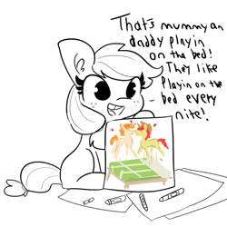 Size: 2250x2250 | Tagged: safe, artist:thehuskylord, artist:tjpones, derpibooru import, edit, applejack, bright mac, pear butter, earth pony, pony, comic:fillies, bed, blank flank, crayon, crayon drawing, cute, dialogue, drawing, female, filly, freckles, heart, implied good clean married sex, implied sex, innocent, innocent innuendo, innuendo, jackabetes, mare, picture, sexually oblivious, simple background, solo, tooth gap, traditional art, weapons-grade cute, white background, younger