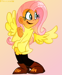 Size: 665x800 | Tagged: safe, artist:mirabuncupcakes15, derpibooru import, fluttershy, human, boots, clothes, cute, female, gradient background, high heel boots, humanized, jeans, open mouth, pants, shoes, shyabetes, solo, sweater, sweatershy, winged humanization, wings