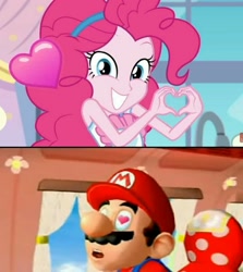 Size: 1117x1254 | Tagged: safe, artist:eddazzling81, edit, edited screencap, screencap, pinkie pie, human, better together, equestria girls, the craft of cookies, crossover, crossover shipping, female, heart, heart eyes, heart hands, male, mario, mariopie, nintendo, shipping, smiling, straight, super mario bros., super mario sunshine, wingding eyes