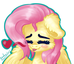 Size: 1500x1300 | Tagged: safe, artist:kindny-chan, derpibooru import, fluttershy, pegasus, pony, :p, bust, cheek fluff, cute, ear fluff, eyes closed, female, floating heart, floppy ears, heart, mare, portrait, shyabetes, simple background, smiling, solo, tongue out, transparent background