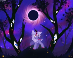 Size: 2048x1638 | Tagged: safe, artist:hydrargyrum, oc, oc only, kirin, crying, eclipse, eye, eyes, scared, solo, tree, wide eyes