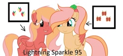 Size: 1280x584 | Tagged: safe, artist:lightningsparkle95, oc, oc:honey mac, oc:sun shy, pegasus, pony, cutie mark, duo, female, green eyes, offspring, orange coat, parent:big macintosh, parent:fluttershy, parents:fluttermac, pony only, red coat, siblings, simple background, sisters, two toned mane, two toned tail, two toned wings, wings