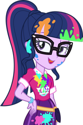 Size: 1000x1517 | Tagged: safe, artist:phucknuckl, derpibooru import, sci-twi, twilight sparkle, better together, equestria girls, sunset's backstage pass!, dirty, female, glasses, music festival outfit, paint, ponytail, simple background, solo, transparent background, vector