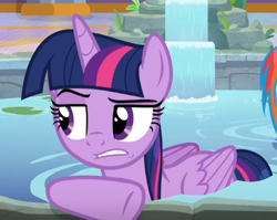 Size: 554x441 | Tagged: safe, derpibooru import, screencap, twilight sparkle, twilight sparkle (alicorn), alicorn, pony, spoiler:deep tissue memories, annoyed, cropped, deep tissue memories, female, mare, solo, swimming pool, twilight is not amused, unamused, water