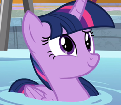 Size: 644x559 | Tagged: safe, derpibooru import, screencap, twilight sparkle, twilight sparkle (alicorn), alicorn, pony, spoiler:deep tissue memories, spoiler:mlp friendship is forever, cropped, cute, deep tissue memories, female, mare, smiling, solo, swimming pool, twiabetes, twilight duckle, water