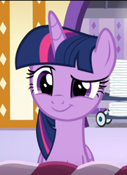 Size: 388x535 | Tagged: safe, derpibooru import, screencap, twilight sparkle, twilight sparkle (alicorn), alicorn, pony, spoiler:deep tissue memories, spoiler:mlp friendship is forever, cropped, cute, deep tissue memories, female, mare, raised eyebrow, smiling, smirk, solo, twiabetes