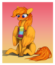 Size: 1000x1189 | Tagged: safe, artist:redruin01, oc, oc:amber dart, pegasus, pony, abstract background, blushing, clothes, cute, missing cutie mark, pegasus oc, scarf, simple background, sitting, solo, wings