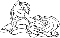 Size: 1830x1174 | Tagged: safe, alternate version, artist:pinkamenaspy, derpibooru import, big macintosh, fluttershy, earth pony, pegasus, pony, black and white, cuddling, cute, eyes closed, female, fluttermac, grayscale, lineart, male, mare, monochrome, prone, shipping, simple background, smiling, stallion, straight, white background