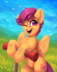 Size: 1624x2048 | Tagged: safe, artist:amishy, scootaloo, bird, pegasus, pony, bipedal, cute, cutealoo, female, filly, one eye closed, open mouth, redraw, scooter, solo