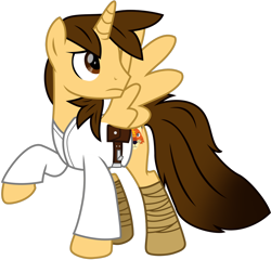 Size: 1280x1231 | Tagged: safe, artist:ejlightning007arts, oc, oc only, oc:ej, alicorn, pony, alicorn oc, belt, boots, clothes, cosplay, costume, crossover, horn, looking up, luke skywalker, male, pouch, raised hoof, shoes, simple background, spread wings, stallion, star wars, transparent background, vector, wings