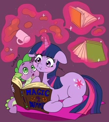 Size: 1250x1400 | Tagged: safe, artist:merribearrr, derpibooru import, spike, twilight sparkle, unicorn twilight, dragon, pony, unicorn, :t, book, coffee, coffee mug, cute, duo, female, floppy ears, magic, male, mare, mug, open mouth, ponyloaf, prone, reading, spellbook, telekinesis