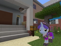 Size: 2048x1536 | Tagged: safe, artist:topsangtheman, spring rain, pony, unicorn, topsangtheman's minecraft server, 3d, clothes, hat, house, looking at you, minecraft, photoshopped into minecraft, solo, source filmmaker, tree, uniform