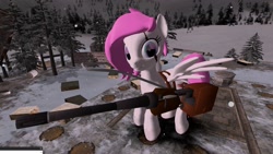 Size: 1920x1080 | Tagged: safe, derpibooru exclusive, oc, oc only, pegasus, pony, 3d, battle saddle, female, gmod, gun, mare, ruins, scar, snow, weapon