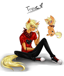 Size: 2247x2669 | Tagged: safe, artist:magicarin, oc, oc only, anthro, plantigrade anthro, pony, unicorn, anthro with ponies, blood, clothes, duo, ear piercing, earring, glasses, jewelry, licking, licking lips, male, neckerchief, piercing, simple background, sitting, smiling, stallion, tongue out, transparent background