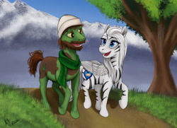 Size: 3370x2435 | Tagged: safe, artist:tauts05, oc, oc only, earth pony, pony, zebra, clothes, female, male, mountain, scarf, stallion, zebrasus