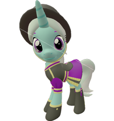 Size: 676x720 | Tagged: safe, artist:topsangtheman, cornetta, pony, unicorn, 3d, clothes, hat, looking at you, simple background, solo, source filmmaker, staring into your soul, transparent background, uniform