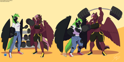 Size: 4000x2000 | Tagged: safe, artist:malificus, oc, oc only, oc:dusk bright, oc:masquerade, anthro, pegasus, amulet, armpits, barbell, clothes, jewelry, midriff, muscle growth, potion, smug, sports bra, super strength, torn clothes, weight lifting, yawn