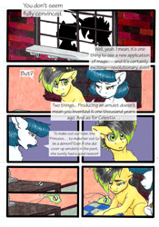 Size: 3336x4776 | Tagged: safe, artist:tillie-tmb, oc, oc only, oc:meadow lark, oc:tempest, earth pony, unicorn, comic:the amulet of shades, female, magic, mare