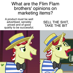 Size: 809x811 | Tagged: safe, edit, edited screencap, screencap, flam, flim, unicorn, friendship university, viva las pegasus, flim flam brothers, mario brothers' views, meme, vulgar