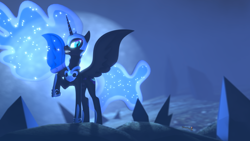 Size: 1920x1080 | Tagged: safe, artist:spinostud, nightmare moon, alicorn, 3d, armor, crystal, ethereal mane, ethereal tail, fangs, glowing mane, jewelry, moon, night, regalia, slit eyes, solo, source filmmaker, spread wings, tall alicorn, wings