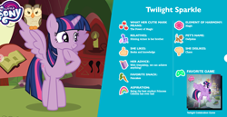 Size: 1398x719 | Tagged: safe, derpibooru import, owlowiscious, twilight sparkle, twilight sparkle (alicorn), alicorn, pony, bio, food, golden oaks library, my little pony, official, pancakes, profile