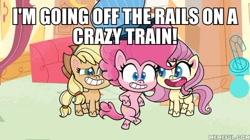 Size: 600x337 | Tagged: safe, derpibooru import, edit, edited screencap, screencap, applejack, fluttershy, pinkie pie, earth pony, pegasus, pony, my little pony: pony life, the trail less trotten, spoiler:pony life s01e07, bipedal, caption, crazy train, crazy train (song), hat, image macro, ozzy osbourne, song reference, text