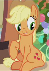 Size: 505x722 | Tagged: safe, derpibooru import, screencap, applejack, earth pony, pony, hearthbreakers, cropped, cute, jackabetes, sitting, smiling, solo