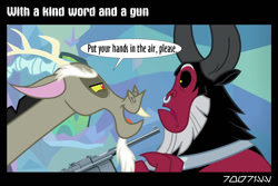 Size: 1288x858 | Tagged: safe, edit, edited screencap, editor:teren rogriss, screencap, discord, lord tirek, centaur, draconequus, the ending of the end, gun, handgun, horns, weapon