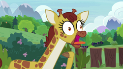 Size: 1920x1080 | Tagged: safe, screencap, clementine, giraffe, she talks to angel, cloven hooves, female, raised hoof, solo, sweet feather sanctuary, tongue out