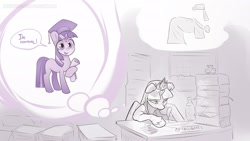 Size: 1920x1081 | Tagged: safe, artist:icychamber, derpibooru import, twilight sparkle, twilight sparkle (alicorn), unicorn twilight, alicorn, pony, unicorn, clothes, crown, female, graduation cap, grumpy, grumpy twilight, hat, inkwell, jewelry, laser pointer, mare, quill, regalia, scroll, solo, stamp, thought bubble