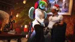 Size: 1920x1080 | Tagged: safe, artist:artempredator, derpibooru import, rainbow dash, anthro, human, 3d, breasts, candle, christmas, christmas tree, fireplace, holiday, present, rainboob dash, serious sam, sexy, sofa, source filmmaker, stupid sexy rainbow dash, sunglasses, tree