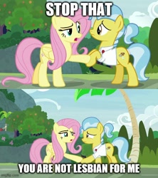 Size: 500x562 | Tagged: safe, derpibooru import, edit, edited screencap, screencap, doctor fauna, fluttershy, earth pony, pegasus, pony, she talks to angel, caption, comic, dialogue, fluttershy gets all the mares, image macro, meme, screencap comic, shipping denied, text