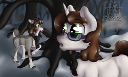Size: 5000x3000 | Tagged: safe, artist:tai kai, oc, oc:tai, unicorn, antlers, brown mane, clothes, curious, digital art, first meeting, forest, furry oc, glasses, green eyes, scarf, snow, white fur, winter