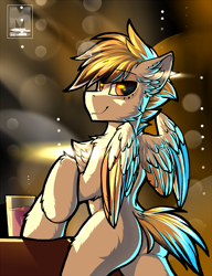 Size: 1533x2000 | Tagged: safe, artist:movieskywalker, derpibooru exclusive, oc, oc only, pegasus, pony, blank flank, butt, looking at you, looking back, looking back at you, male, pegasus oc, pinup, red wine, smiling, smiling at you, solo, stallion, table, wings