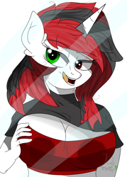 Size: 1000x1400 | Tagged: safe, artist:diamondgreenanimat0, anthro, unicorn, breasts, clothes, sexy, shirt, shirt lift, support, touch, window