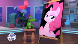 Size: 1920x1080 | Tagged: safe, derpibooru import, screencap, gummy, pinkie pie, alligator, earth pony, pony, hello pinkie pie, 3d, beret, easel, facial hair, hat, moustache, paintbrush, painting, stage, stool
